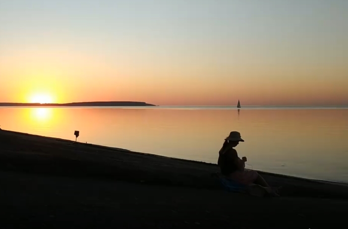 在海边织毛衣女子镜头短视频素材