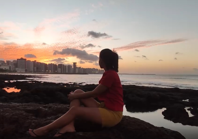 美女坐海边欣赏夕阳侧影视频素材