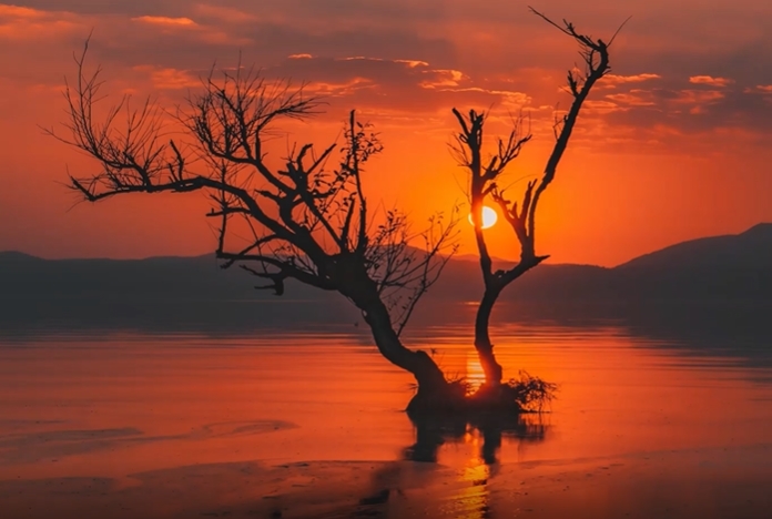 残血夕阳照耀在湖中的枯树意境视频素材